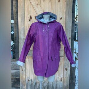 Vintage Interpur Lavender Grey Reversible Vinyl Hooded Slicker Raincoat~L~
